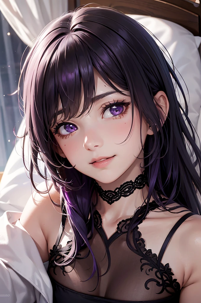 (Best Quality,High resolution,8K,finelity detailed background,Masterpiece:1.2),beautiful girl,Shiny purple hair,messy hair,Purple Eyes,Gentle look,A refreshing look,Best quality,Best Quality,Aesthetic and aesthetic:1.2,Best details((Super detailed))(High-definition CG illustrations),Glamorous black underwear (black,intricate lace),Slender body,Midnight,Moonlight,Bedroom,On the bed,smile,blush,cute,Scrounge,Looking up,Being spoiled,super model,wariza,shoot from side