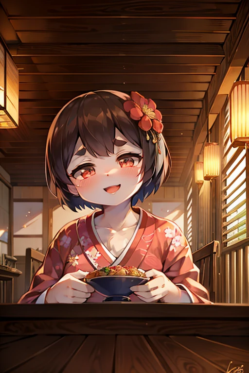 anime style, masterpiece,best quality,super fine illustration, super detailed, dynamic angle, beautiful background, 8k quality, In a crab specialty japanese restaurant, put a big crab on a table. BREAK A woman with eyes sparkling with joy looks delighted at the sight.Break kimono,flower color,short hair,thick eyebrows,perfect hands,perfect face,Break detailed background,8k quality,masterpiece,Break crab food,delicious,japanese food,super detailed,masterpiece