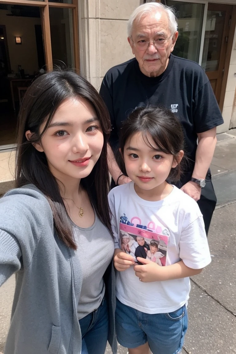 A girl took a photo with an old man  