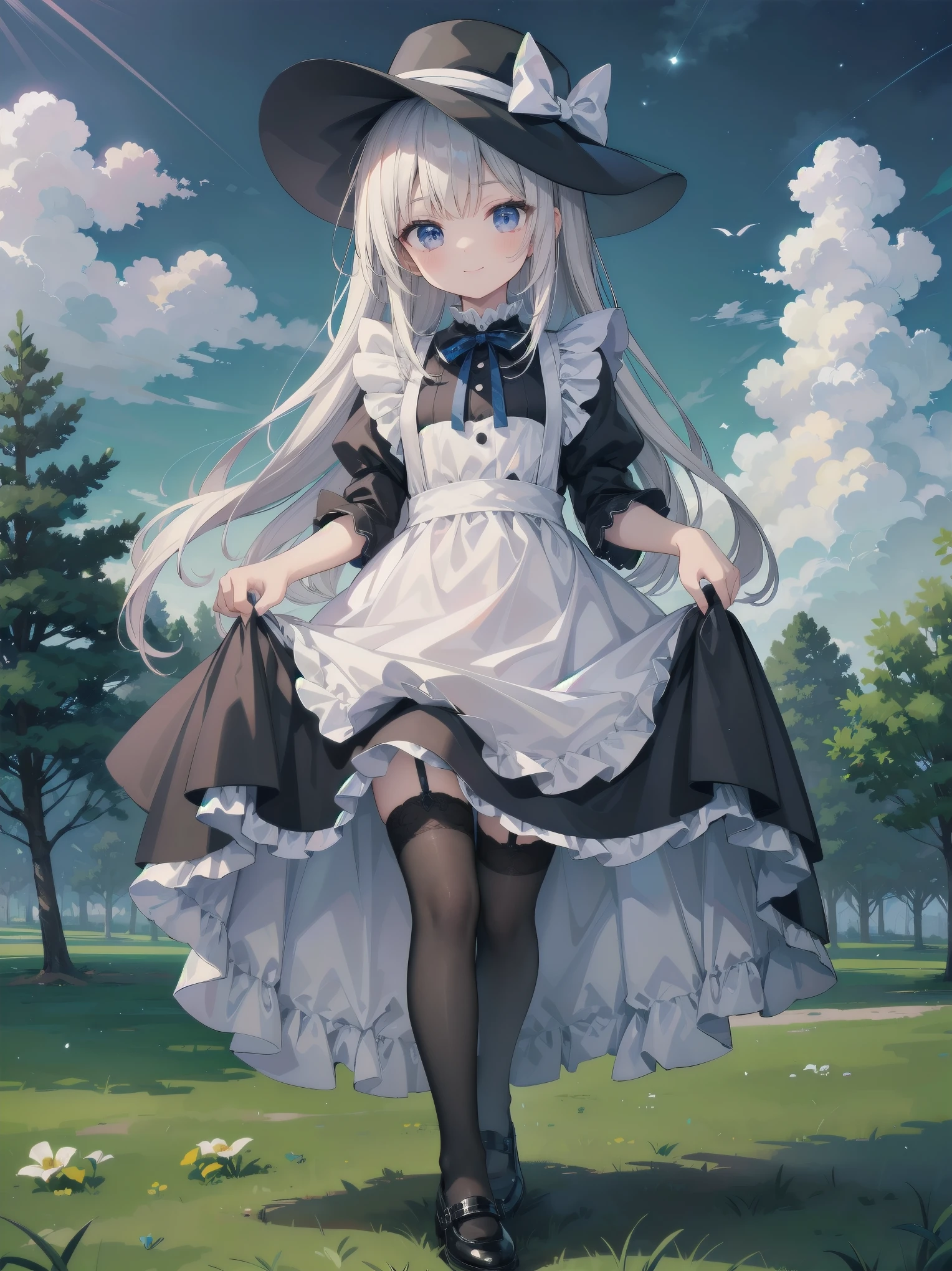 ((Very fine, Very fine CG Unity 8k Wallpaper, High Resolution, Absurd, Beautiful fine details, Very fine hair)), ((Masterpiece)), Outdoors, Sky, Clouds, Grass, ((Beautiful fine details)), Fashionable, One Girl, A  smiling under the stars, a toddler wearing a maid hat with ruby accessories, she is wearing a white and black gothic maid dress with navy blue ribbon. Black stockings, black shoes, cute, super cute toddler maid