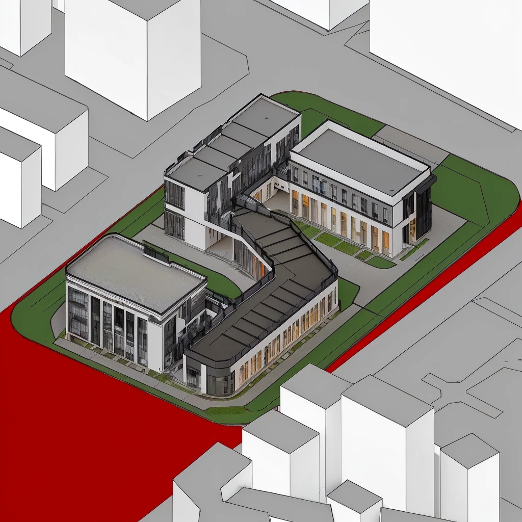 Rendering of a building with stairs and red areas, Center Model Building, Complex 3D rendering, Complex 3D Rendering, isometric views!!!!, Architectural Rendering, 3 / 4 Views, 3/4 Views, 3D Rendering View, Architectural Rendering, Medium shot, 2D Axonometric Top View, Detailed rendering, Isometric perspective drawing