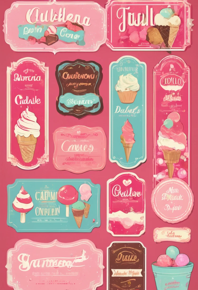 Multiple aligned vintage labels,cute,ice cream,Candy Label,Pink Girly
