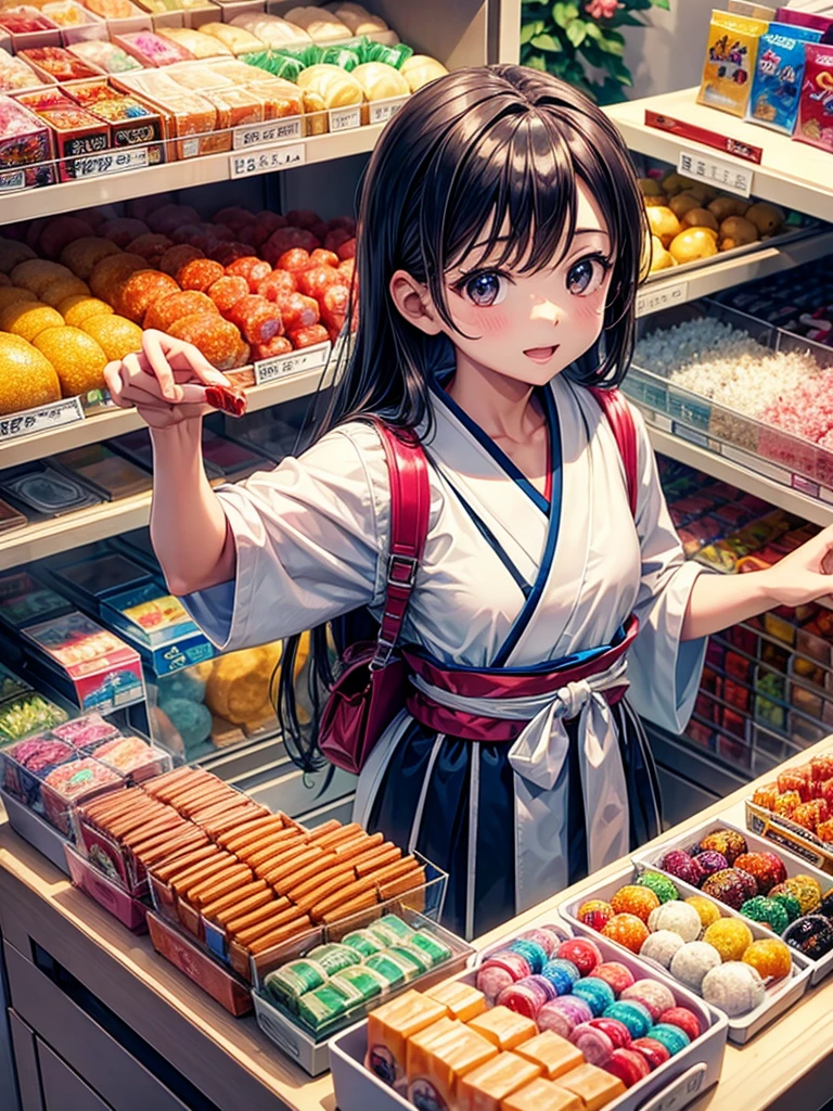 Highest quality,Highest Resolution,Children buying gachapon at a Japanese candy store during summer vacation,