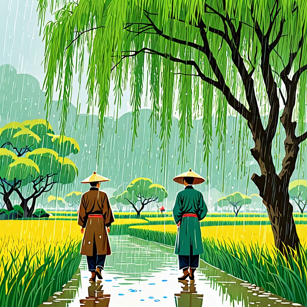 Cai GuoRUN's illustration style, Qingming rainy season, Under the willow tree, cowboy, in the rain, pointing into the distance, Direction to Heng Fa Chuen, Spring is full of freshness, Rich details, Spring Scene, Flat design, Soft colors, Vivid tones, Chinese traditional elements, Reality, Minimal composition, High Saturation, High contrast,Rich detail in light and shadow, Sharp contrasts and clean lines