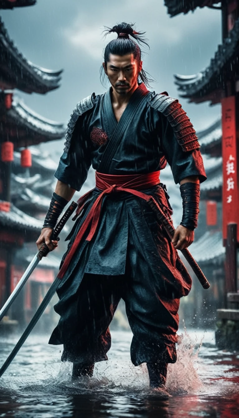 best quality,Ultra-fine,warrior samurai in water ,Air,One hand holding a katana,Face mask,fighting,Dodge,avoid,lifelike,photorealism:1.37),bright colors,clear focus,Defocused,(fantasy:1.2),(mystical landscapes),(dynamic poses:1.37),(intense gaze),(Extraordinary power),(the power of myth),black and red, hyperrealism, very detailed skin, 4k, inkpunk style, great lighting, cyberpunk style,, rainy day,Wounds on the body,splash