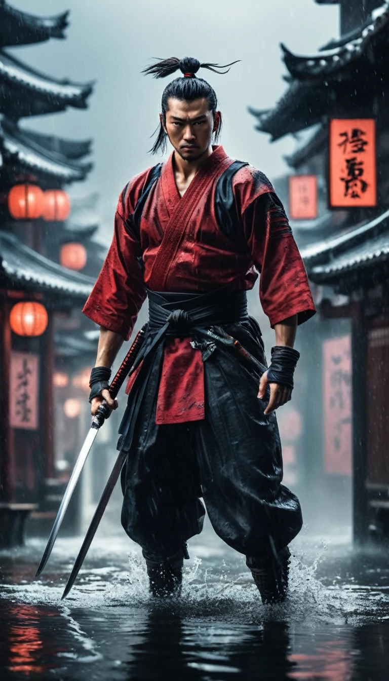 best quality,Ultra-fine,warrior samurai in water ,Air,One hand holding a katana,Face mask,fighting,Dodge,avoid,lifelike,photorealism:1.37),bright colors,clear focus,Defocused,(fantasy:1.2),(mystical landscapes),(dynamic poses:1.37),(intense gaze),(Extraordinary power),(the power of myth),black and red, hyperrealism, very detailed skin, 4k, inkpunk style, great lighting, cyberpunk style,, rainy day,Wounds on the body,splash