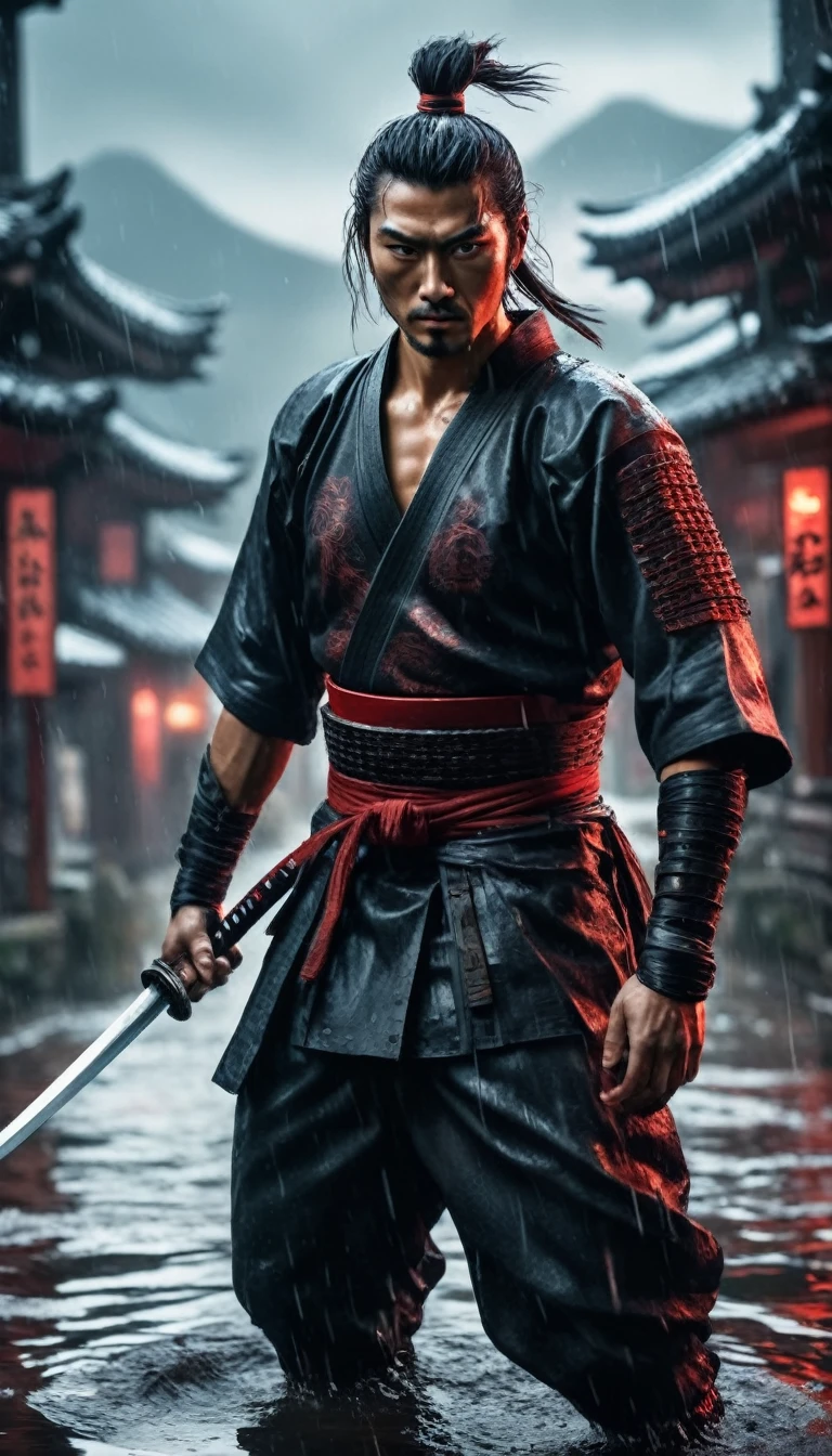 best quality，Ultra-fine，warrior samurai in water ，Air，One hand holding a katana，Face mask，fighting，Dodge，avoid，lifelike，photorealism：1.37），bright colors，clear focus，Defocused，（fantasy：1.2），（mystical landscapes），（dynamic poses：1.37），（intense gaze），（Extraordinary power），（the power of myth），black and red, hyperrealism, very detailed skin, 4k, inkpunk style, great lighting, cyberpunk style,, rainy day，Wounds on the body，splash