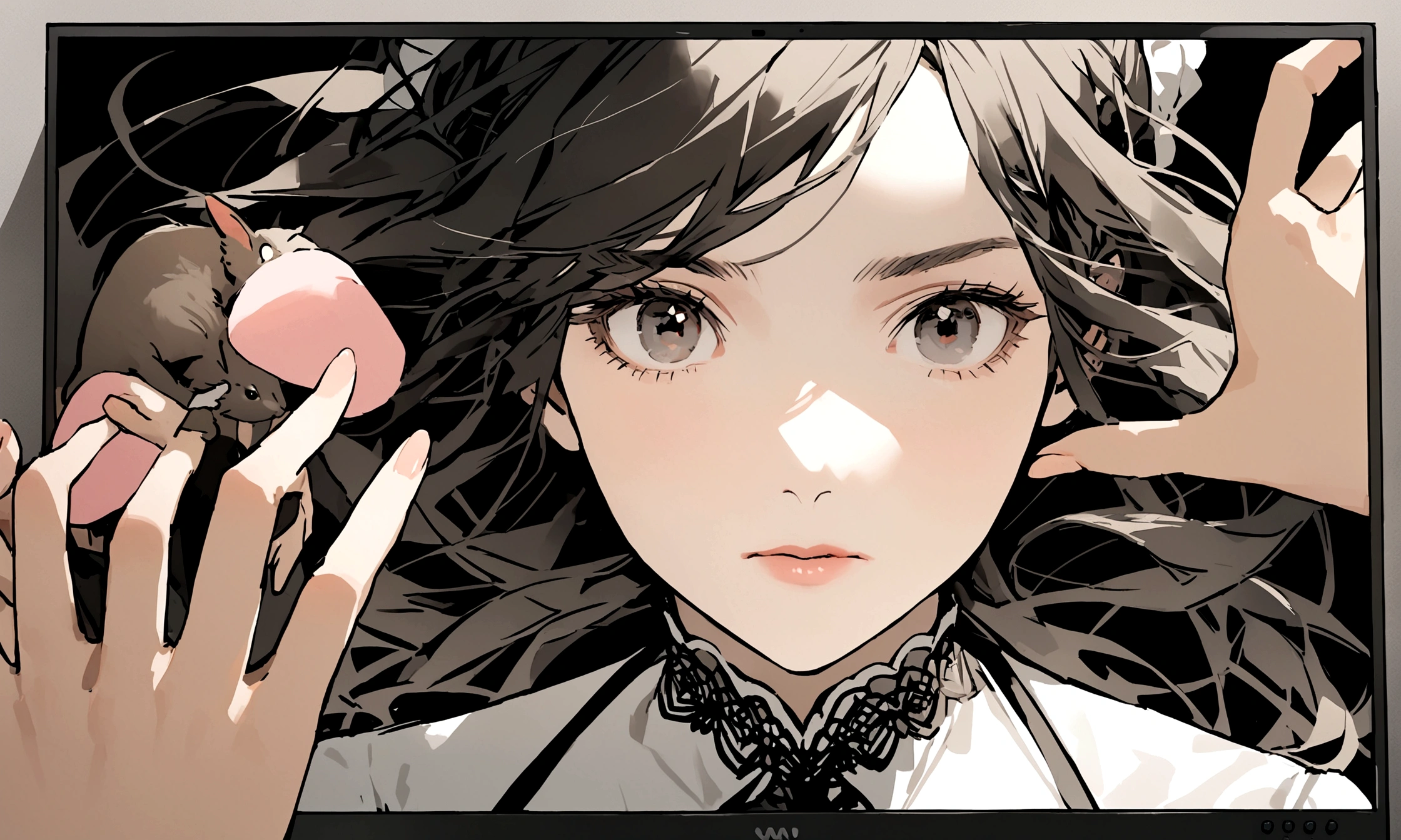 A close-up of the protagonist’s hand hesitating over the mouse, a photo of girl on the screen.