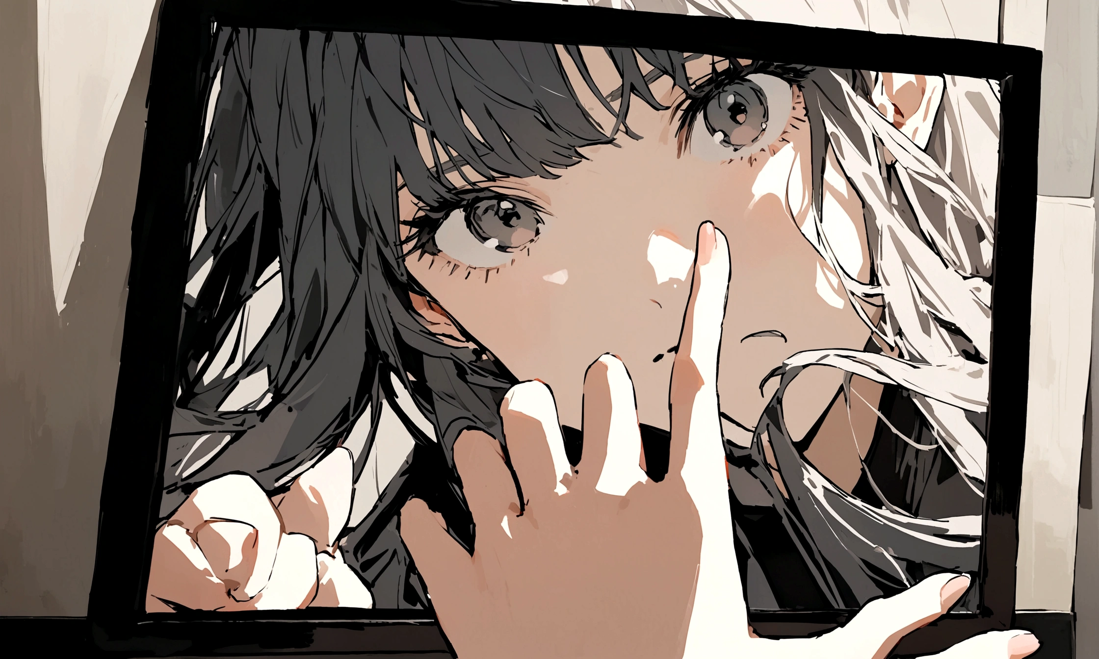 A close-up of the protagonist’s hand hesitating over the mouse, a photo of girl on the screen.