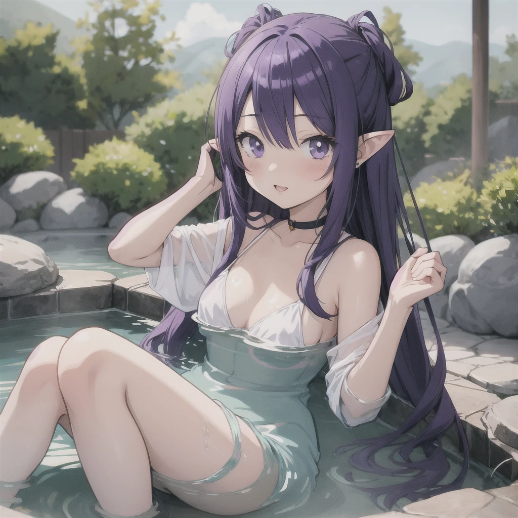 anime girl long purple hair {{Soak in a hot spring}}. she has pointy ears. Manga kawaii. iridescent ,An illustration