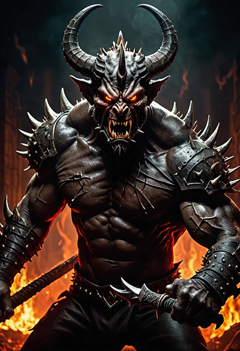 a terrifying demon guard in the depths of hell, demonic horns, sharp fangs, glowing red eyes, muscular body, menacing expression, dark leathery skin, wielding a spiked mace, hellfire background, dramatic lighting, (best quality,4k,8k,highres,masterpiece:1.2),ultra-detailed,(realistic,photorealistic,photo-realistic:1.37),cinematic angle,dark fantasy,chiaroscuro lighting,muted color palette