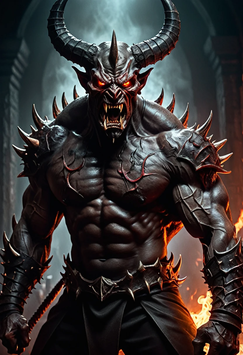 a terrifying demon guard in the depths of hell, demonic horns, sharp fangs, glowing red eyes, muscular body, menacing expression, dark leathery skin, wielding a spiked mace, hellfire background, dramatic lighting, (best quality,4k,8k,highres,masterpiece:1.2),ultra-detailed,(realistic,photorealistic,photo-realistic:1.37),cinematic angle,dark fantasy,chiaroscuro lighting,muted color palette