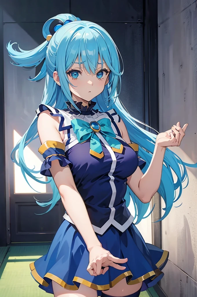 masterpiece, best quality, high resolution, best illustration, super fine illustration, (official art:0.7), (anime screencap:0.8), detailed beautiful face and eyes, anime keyvisual, (perfect anatomy:1.1), 8k portrait, (detail focus fingers:1.2), 
1girl,
Aqua, 
Aqua \(konosuba\),
long hair, single hair ring, 
blue hair, 
(blue eyes:1.2), (beatiful detailed eyes:1.2), 
green bow, 
medium breasts, 
blue shirt, blue skirt, white thighhighs, bare shoulders, detached sleeves, zettai ryouiki, 
looking at viewer, 
cowboy shot, 
standing, 
natural light, background of indoor, 