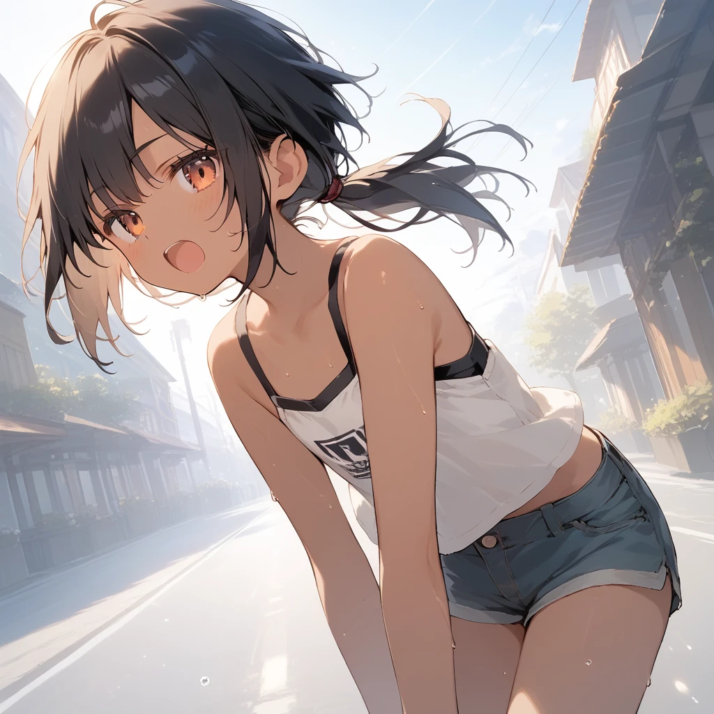 score_9, score_8_up, score_7_up, source_anime, best quality, masterpiece, official art, absurdres, highres, ultra-detailed,waifu2x,Collection: Slice of Life,break,1girl, tomboy, dark-skinned female, short hair, low ponytail, flat chest, beautiful detailed eyes, short shorts, sweat, open mouth, (yawn:0.3), sleepily, outdoors, wind, break,(clear line illustration:1.2),very high resolution, very aesthetic, super detailed skin, Best lighting powered by famous artist, 8k,cute picture,beauty illustration,photoshop_(medium),,(Detailed Lighting),best anime 8k konachan wallpaper, pixiv contest winner,