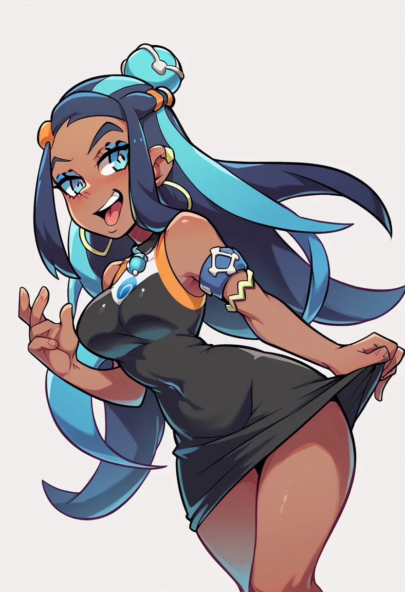 pokemon trainer Nessa posh dresses as a slut, dressed in a black dress horny