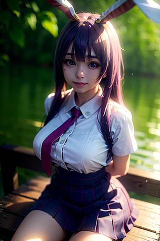 sit in tropical rainforest , steam , waistband of skirt is at the point above chest , plaid skirt , pleated skirt , Tight shirt , white Shirt , school girl , skirt under breasts , skirt is near breasts area , skirt is adjacent to the chest , (masterpiece, best quality, hires, high resolution:1.2, 4k, 8k , high quality), extremely detailed, realistic, intricate details, highres, 1girl, solo, (large breasts, thick thighs, wide hips), arched back,(cinematic lighting, sunlight, perfect lighting, backlighting), eye-level shot, extreme close-up-shot, looking at viewer, , green skirt nakano_yotsuba_ecsta, blue eyes, orange hair, hair ribbon, nakano yotsuba, short hair, green ribbon, hair between eyes , masterpiece, best quality, 1girl,smile,reisen udongein inaba, purple hair,very long hair, rabbit ears, red eyes,black jacket,pink skirt,necktie , twin tails hair