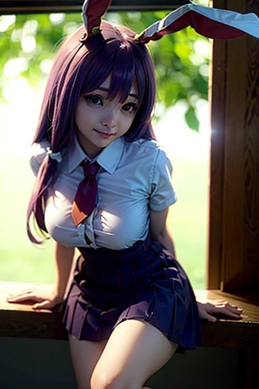 sit in tropical rainforest , steam , waistband of skirt is at the point above chest , plaid skirt , pleated skirt , Tight shirt , white Shirt , school girl , skirt under breasts , skirt is near breasts area , skirt is adjacent to the chest , (masterpiece, best quality, hires, high resolution:1.2, 4k, 8k , high quality), extremely detailed, realistic, intricate details, highres, 1girl, solo, (large breasts, thick thighs, wide hips), arched back,(cinematic lighting, sunlight, perfect lighting, backlighting), eye-level shot, extreme close-up-shot, looking at viewer, , green skirt nakano_yotsuba_ecsta, blue eyes, orange hair, hair ribbon, nakano yotsuba, short hair, green ribbon, hair between eyes , masterpiece, best quality, 1girl,smile,reisen udongein inaba, purple hair,very long hair, rabbit ears, red eyes,black jacket,pink skirt,necktie , twin tails hair