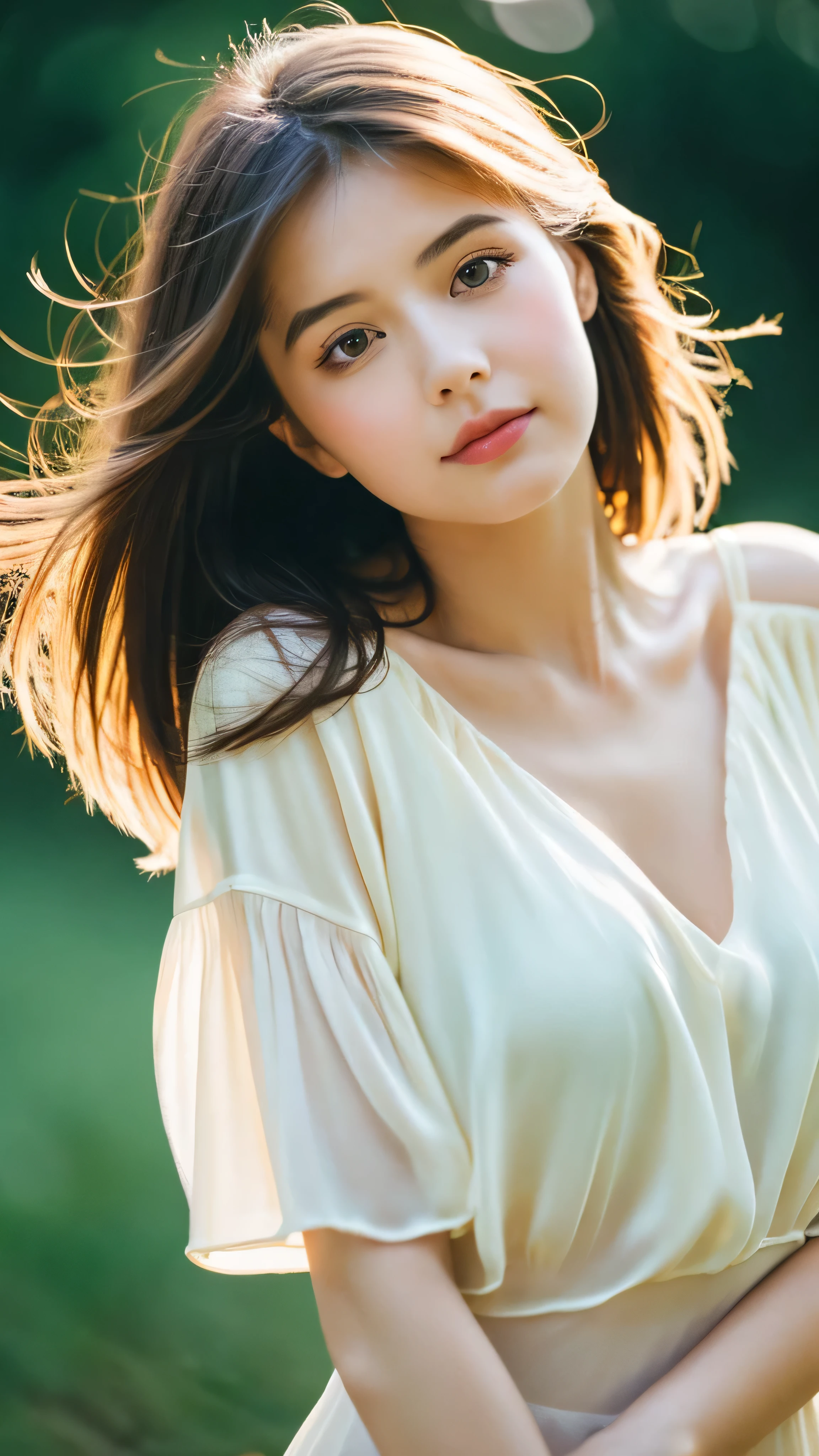 (Random Nationality):1.5, masterpiece, Highest quality, 8K, 20th Generation, (Large Breasts:1.2), cute, alone, sad, close, cute, Girlish, Delicate girl, Pure beauty, RAW Photos, Professional photography, Portraiture, Soft Light, Professional Lighting, Backlight, Upper Body, avert your eyes, Sophisticated, Film Grain, (Eyes and facial details:1.0), Beautiful straight hair, Hair swaying in the wind, Silk blouse, Random hairstyle