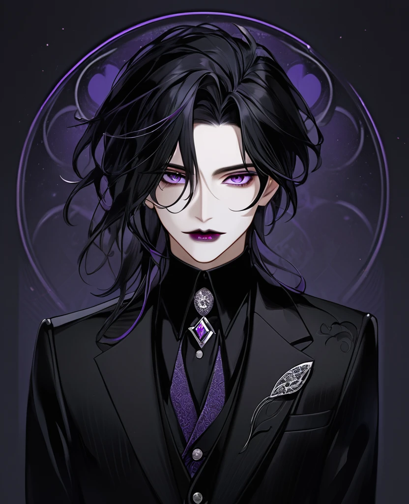 (black_hair), (dark_purple_eyes), (detailed_eyes), (attractive), (emotionless), (void_space_background), (male), (wearing _a_black_suit), (long_male_hair), (detailed_Hair), (detailed), (detailed_mouth), (black_lips)