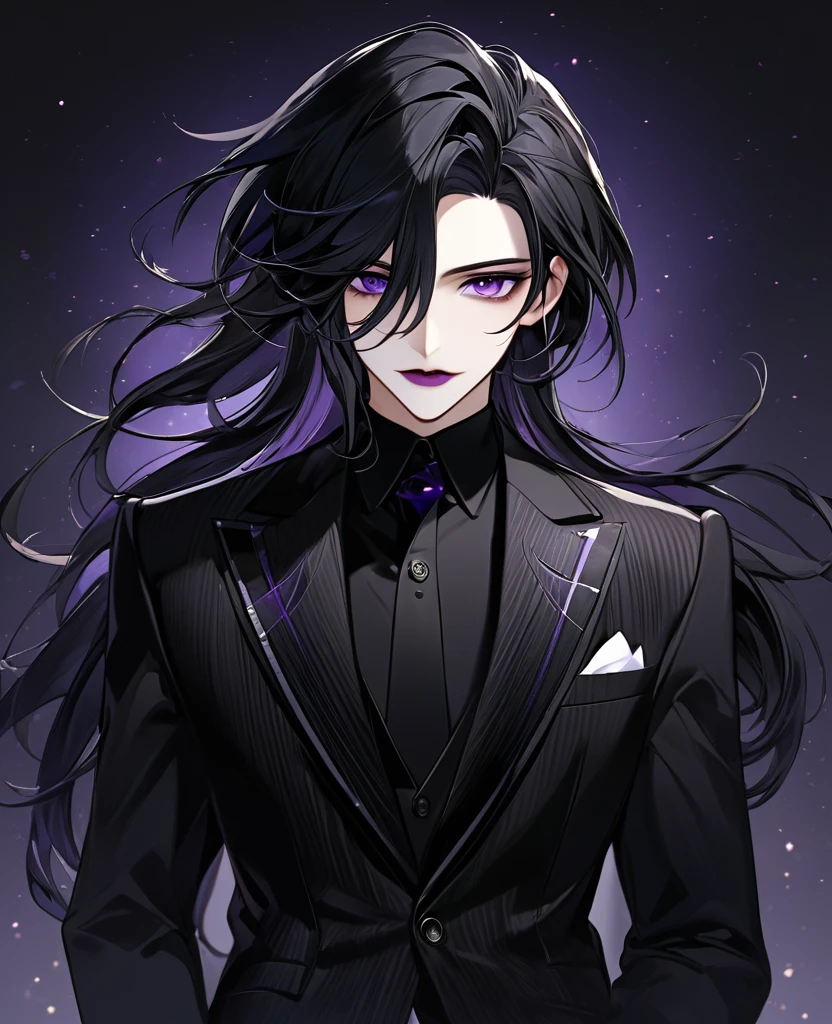 (black_hair), (dark_purple_eyes), (detailed_eyes), (attractive), (emotionless), (void_space_background), (male), (wearing _a_black_suit), (long_male_hair), (detailed_Hair), (detailed), (detailed_mouth), (black_lips)