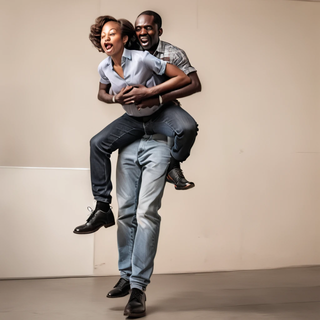 A Black man riding a woman piggyback style 