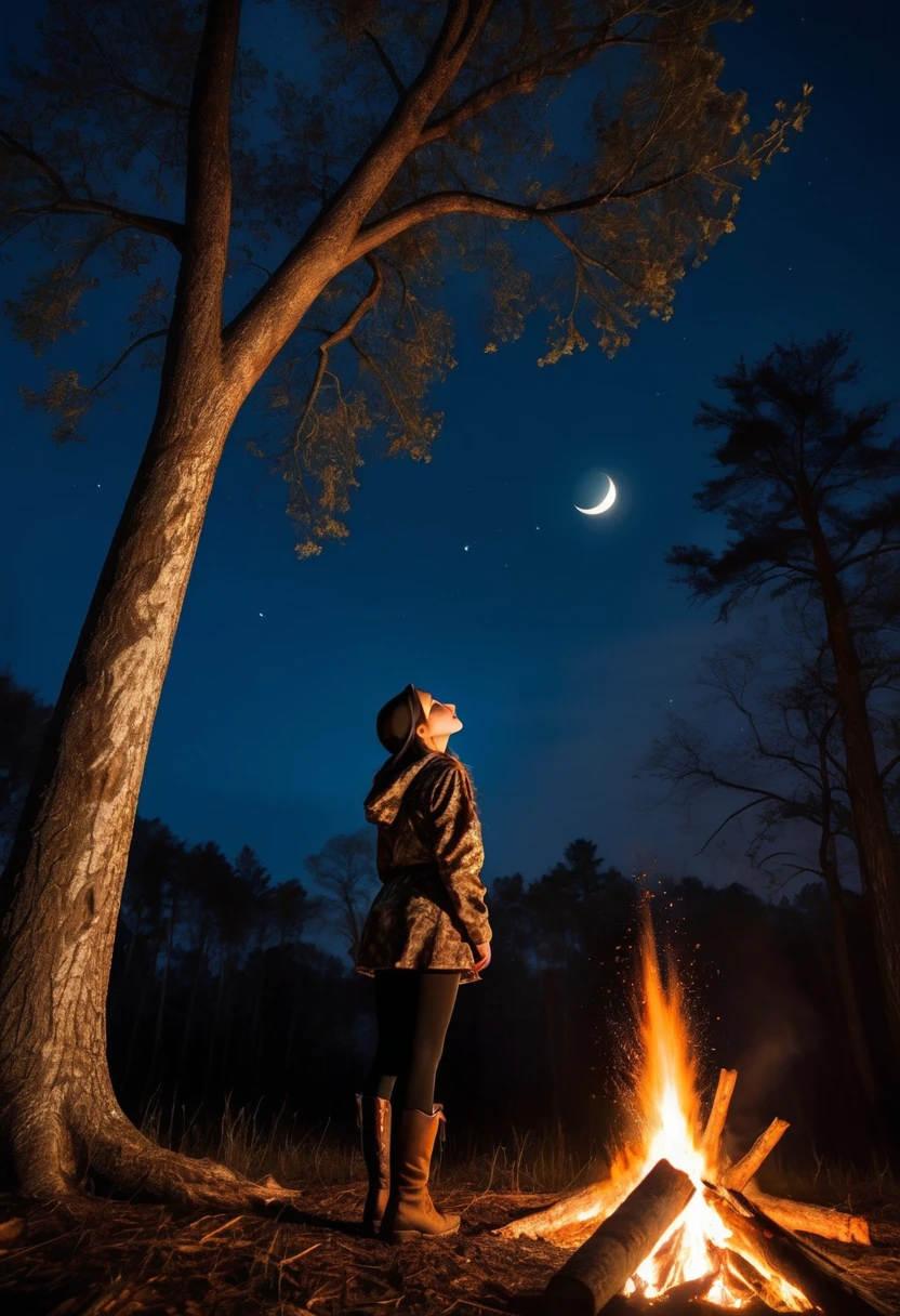 Highest quality A young female hunter looking up at a large tree Bonfire Break Rabbit The background is a night forest Crescent Moon