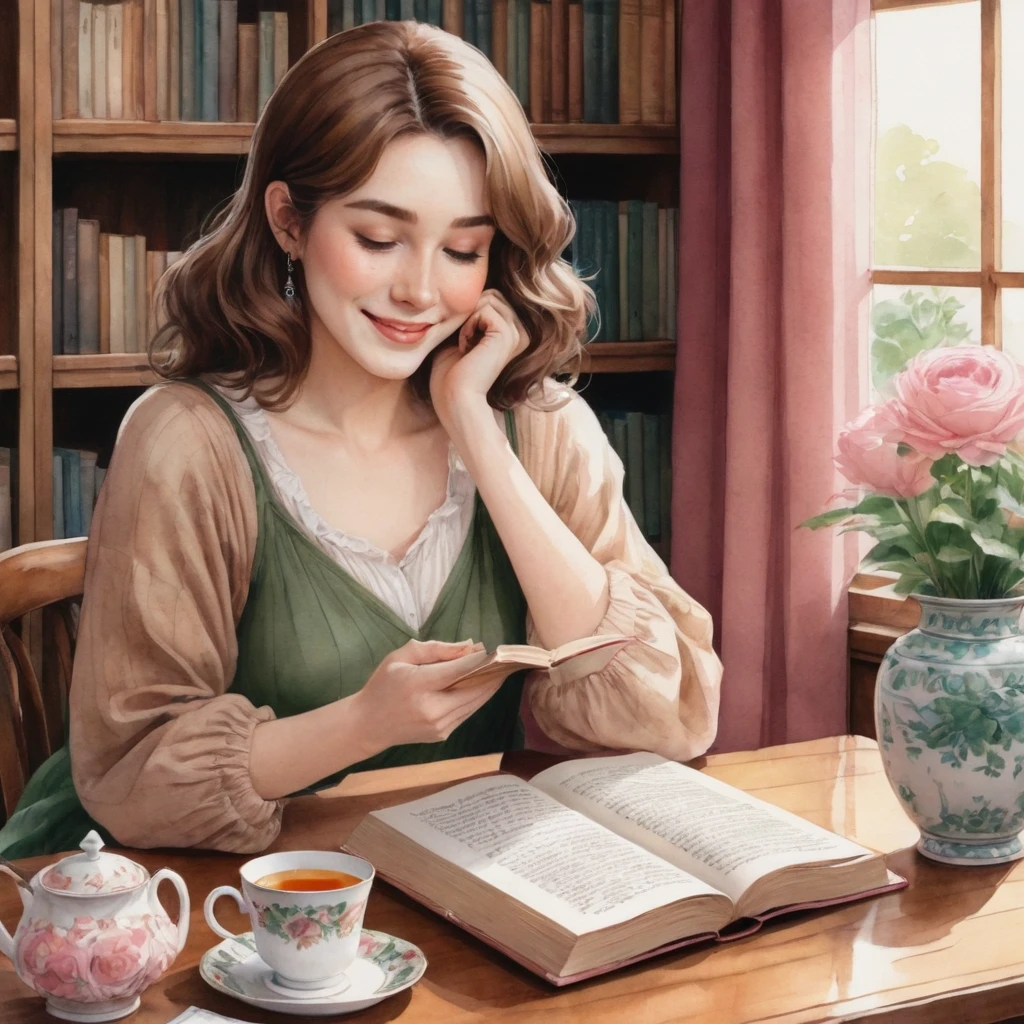 anime, watercolor style ,a detailed close-up captures a woman with her hands resting on her cheeks, seated at a wooden table with an open book and a cup of tea. the woman is dressed in a brown sweater, sleeves rolled up to her elbows, and her hair is styled in loose waves. her eyes are closed, and she smiles slightly, her mouth slightly ajar. her hands are resting on her cheeks, resting on her knees, and she holds a book open with both hands. the book is open to a page with text, and a cup of tea is placed on the table in front of her. the backdrop features a window with green curtains, a vase filled with pink flowers, and a wooden table with a white tablecloth draped over it.