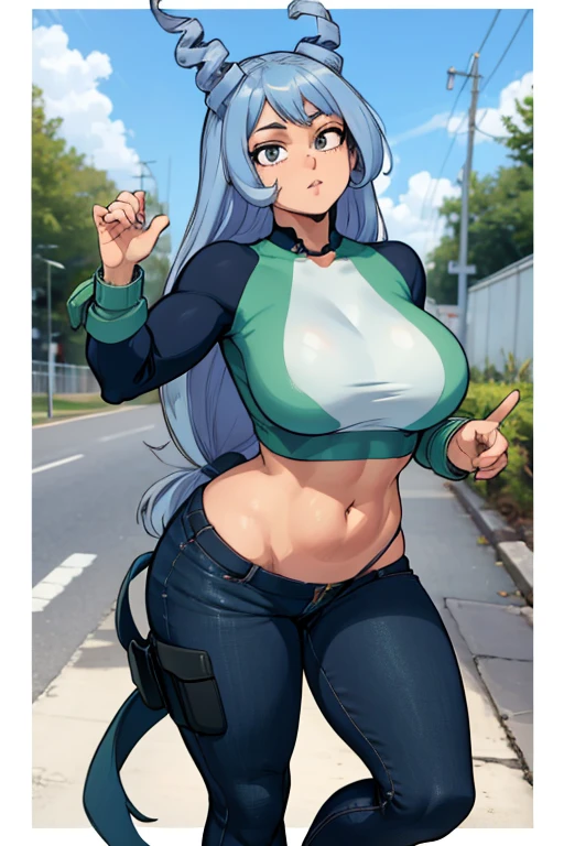 Nejire Hado de Boku no Hero usando short jeans curto, a white top and long black socks. She has a muscular body, bunda grande e coxas grossas. Your breasts are big and your belly is defined. She is leaning against a motorcycle.