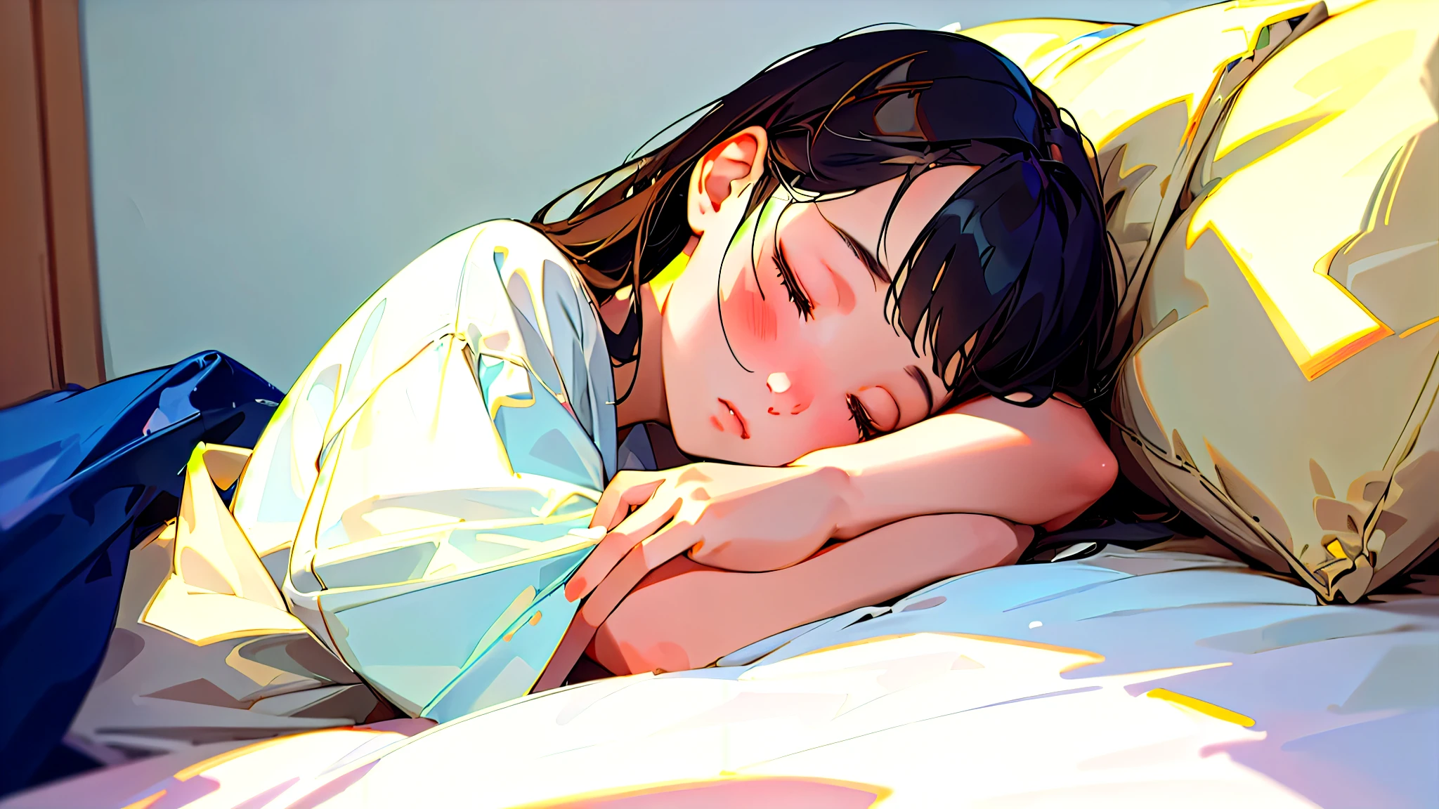 (Highest quality, masterpiece, Ultra-realistic), Beautiful and delicate15Year-old girl portrait,, The background is the bedroom at home.。Sleeping with a calm expression。It's dark in the room、The bed lamp is on。