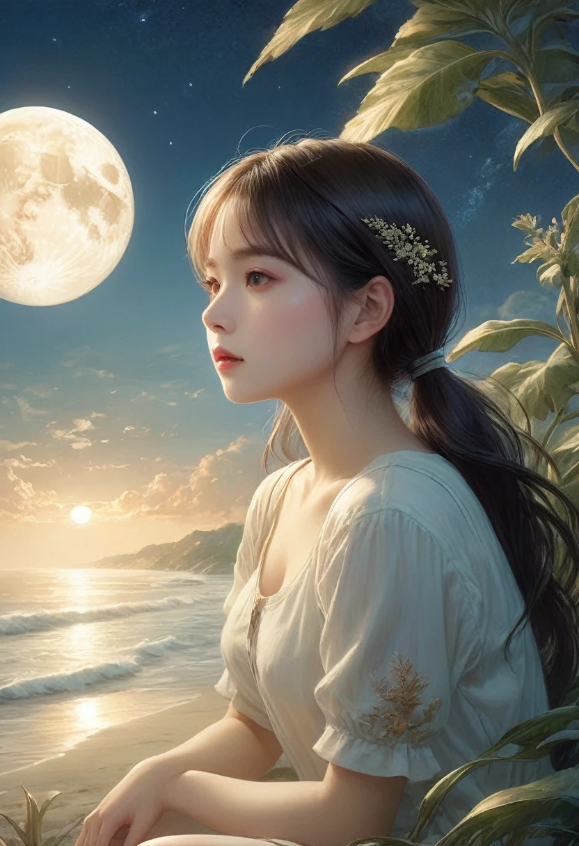 (A masterpiece of the highest quality:1.2)、A super detailed illustration，Perfectly shows the girl in the doomsday beach scenery。In the silence of the night、There is an atmosphere that is both sad and hopeful.。 that girl sits on the soft vegetation of the sandy beach、A figure can be seen in the cloudy sky。that girl&#39;Unspecified clothing.、Her figure、it&#39;Such exquisite rendering，So that every crease and texture is clearly visible.。Her hair fluttered in the wind、Low light in HDR landscapes
