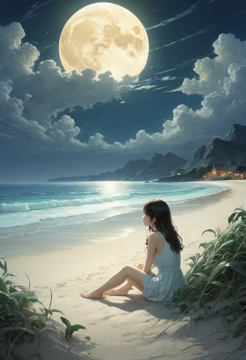 (A masterpiece of the highest quality:1.2)、A super detailed illustration,Perfectly shows the girl in the doomsday beach scenery。In the silence of the night、There is an atmosphere that is both sad and hopeful.。 that girl sits on the soft vegetation of the sandy beach、A figure can be seen in the cloudy sky。that girl'Unspecified clothing.、Her figure、it'Such exquisite rendering,So that every crease and texture is clearly visible.。Her hair fluttered in the wind、Low light in HDR landscapes