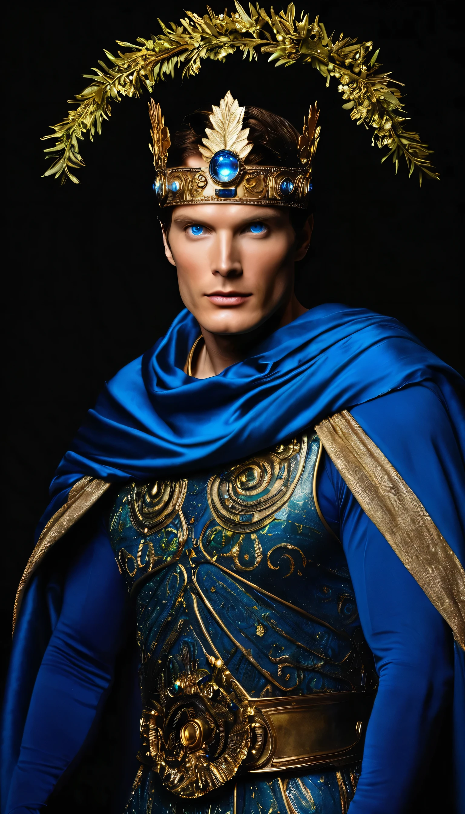Full body biopunk bioluminescent portrait of blue eyes inspired model by Christopher Reeve Ultra-detailed body image in a dark environment in a dynamic high fashion pose. full body of a male model dressed as a royal in evening attire elegant pose, wearing spartan king clothes, features of Greek fashion war, with a laurel wreath on his head. Men's fashion in blue and gold, the rainbow opal crown can be white, Incolor, milky blue, gris, rot, yellow, Unripe, brown and black spartan warrior from Greece, with the appearance of the demigod Hercules, detailed the clothes and body, 8K style spartan clothes. cinematic lighting