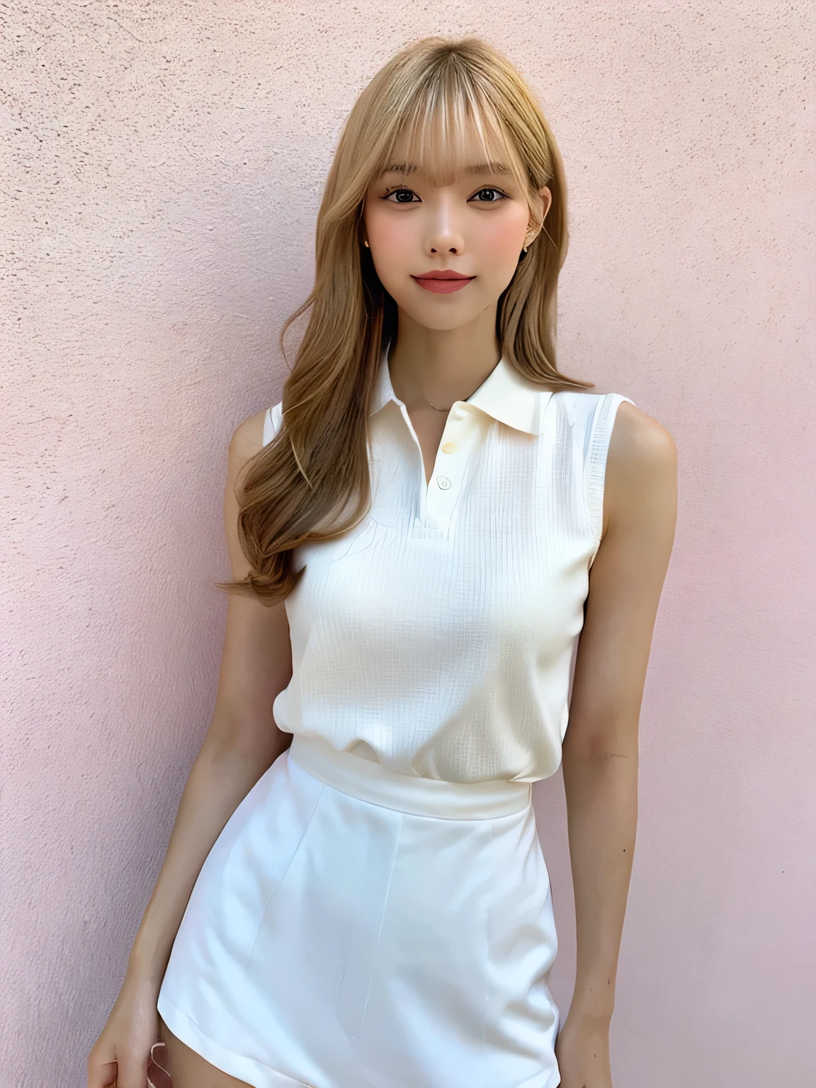 One person、11 years old、Full body photo、slender、woman、White drool coming out of the mouth、smile、Blonde、Two-block hairstyle、 Fair skin, messy hair, super cute、Soft and Face、8K resolution、Surreal、Ultra high definition、 A-cup small breasts((Highest resolution、8K、masterpiece:1.3))、Ultra-fine face、Ultra Fine Lips、Beautiful Eyes、double eyelid,Pink wall、Sleeveless pink polo shirt、White Skirt、Thighs、thin,Thighsが見える、Shapely small breasts、