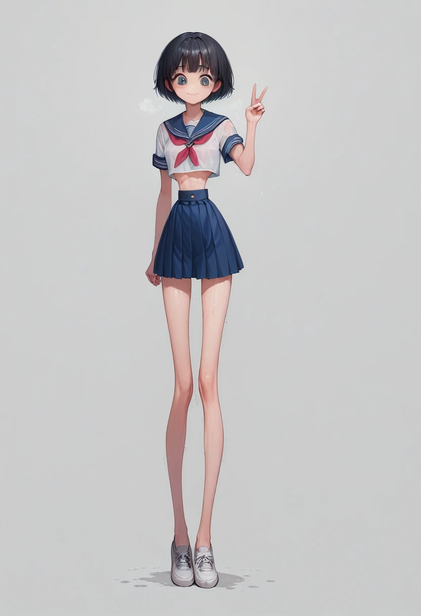 (masterpiece, best quality:1.4), front shot, 1girl, kawaii, (micro waist, very long legs:1.4), Black hair, short bob hair, short height, scrawny and thin body, Light Skin, cute big eyes, cute beautiful thin face, forced smile, serafuku, pigeon-toed, wet and sweaty, visible ribs, V sign, Trembling