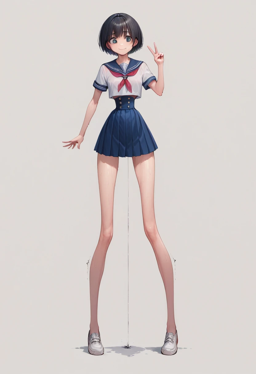 (masterpiece, best quality:1.4), front shot, 1girl, kawaii, (micro waist, very long legs:1.4), Black hair, short bob hair, short height, scrawny and thin body, Light Skin, cute big eyes, cute beautiful thin face, forced smile, serafuku, pigeon-toed, wet and sweaty, visible ribs, V sign, Trembling