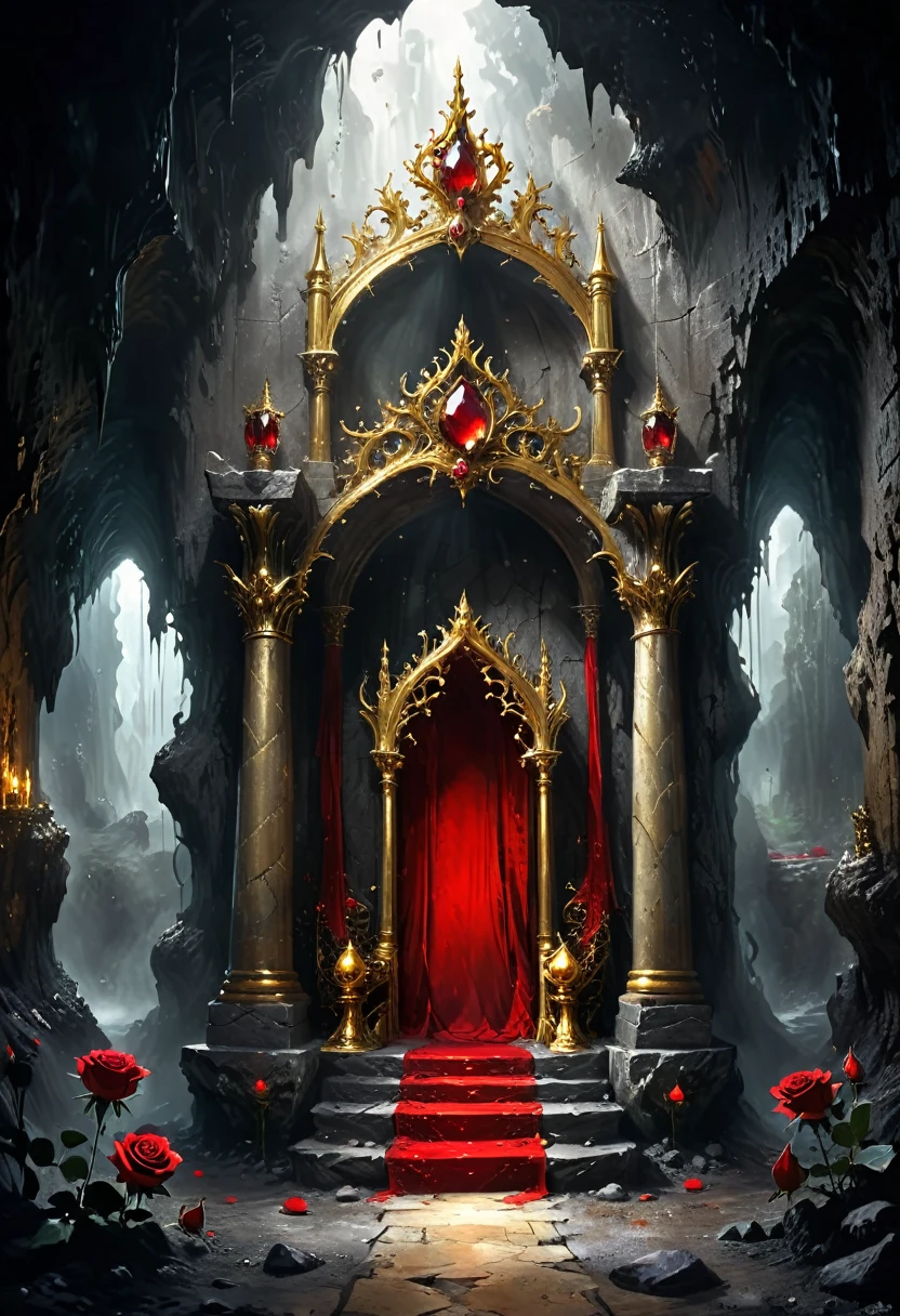 Cave,Underground Kingdom,Gothic style:High,(((throne:1.37,gem,gold))),Red rose,Dust,Majestic