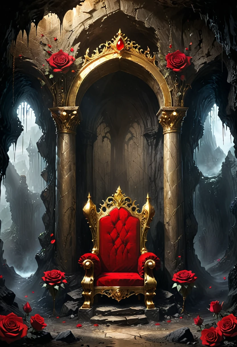 Cave,Underground Kingdom,Gothic style:High,(((throne:1.37,gem,gold))),Red rose,Dust,Majestic