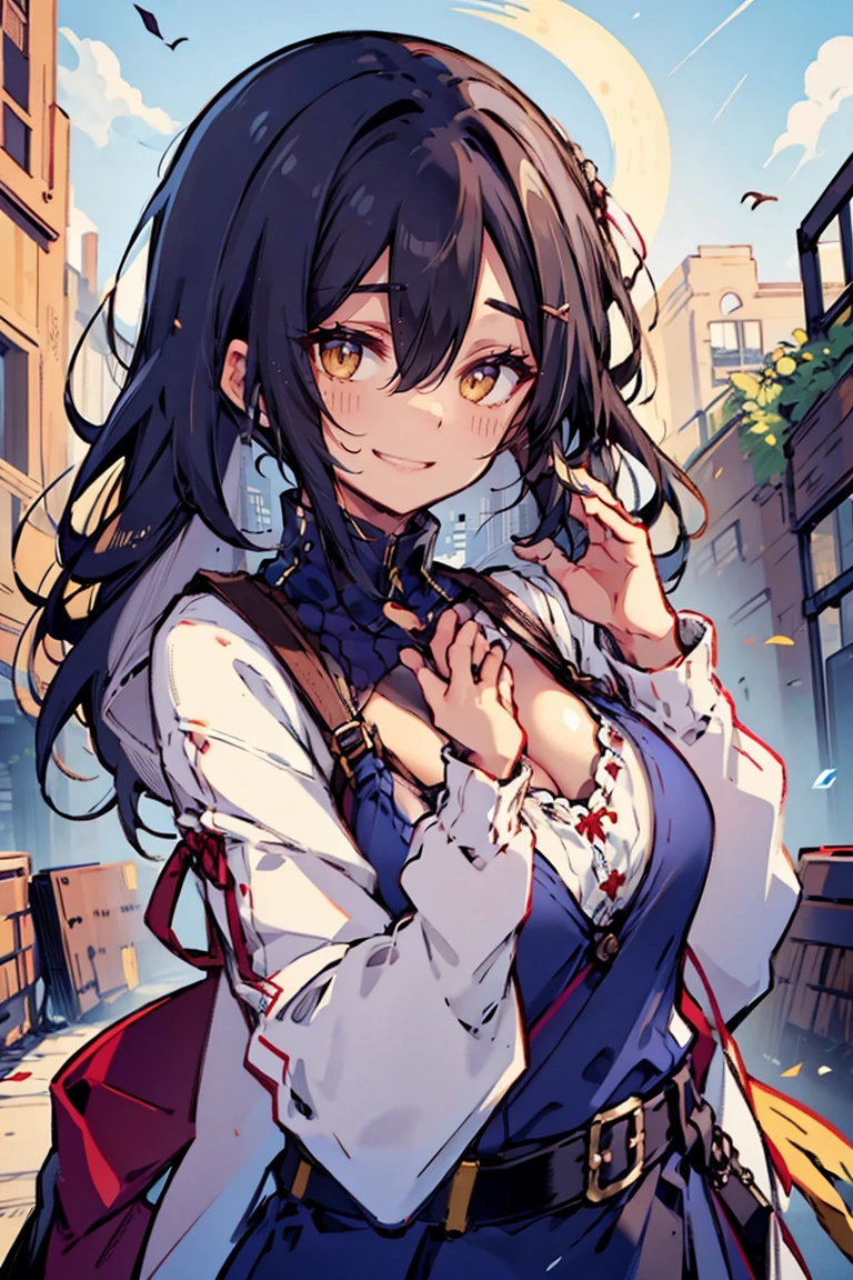 (masterpiece:1.2), (high quality:1.2), (hui xiyi:0.7), rekkyo sensen, rekkyou sensen, girls with((black hair, (tits cleavage:1.15), (breasts close up:1.15), (dress:0.65), (suspenders,blue clothes, belt:1.2), (frills shirt, combination of camisole and white knit sweater:1.2), exposed breasts, straps, (cross:1.05), upper body, (long wavy hair, one side up:1.2), long sleeves, (waving is hands, hands up, perfect hands, five fingers:1.05))), background with((fantasy world, ruin, castle, beautiful sky, shining sky, sunshine))