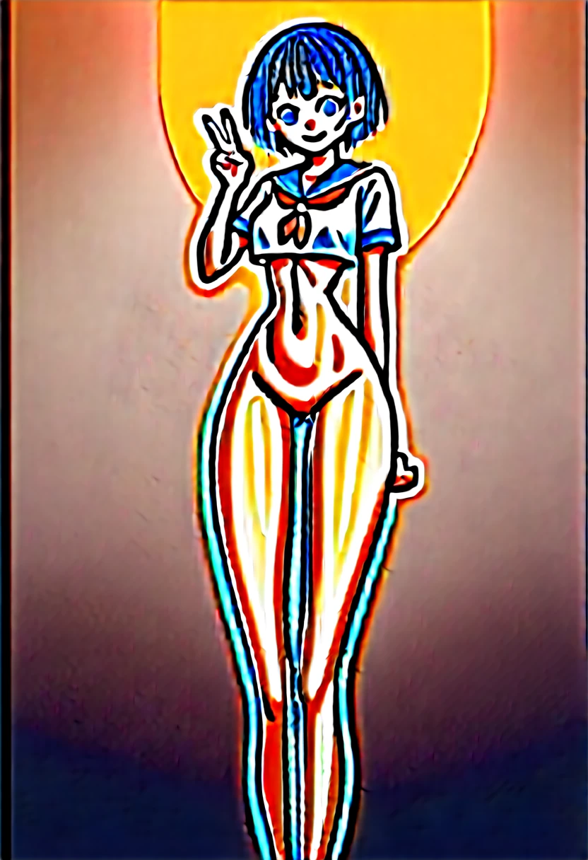(masterpiece, best quality:1.4), front shot, 1girl, kawaii, (micro waist, very long legs:1.4), Black hair, short bob hair, short height, scrawny and thin body, Light Skin, cute big eyes, cute beautiful thin face, forced smile, serafuku, pigeon-toed, wet and sweaty, visible ribs, V sign, Trembling
