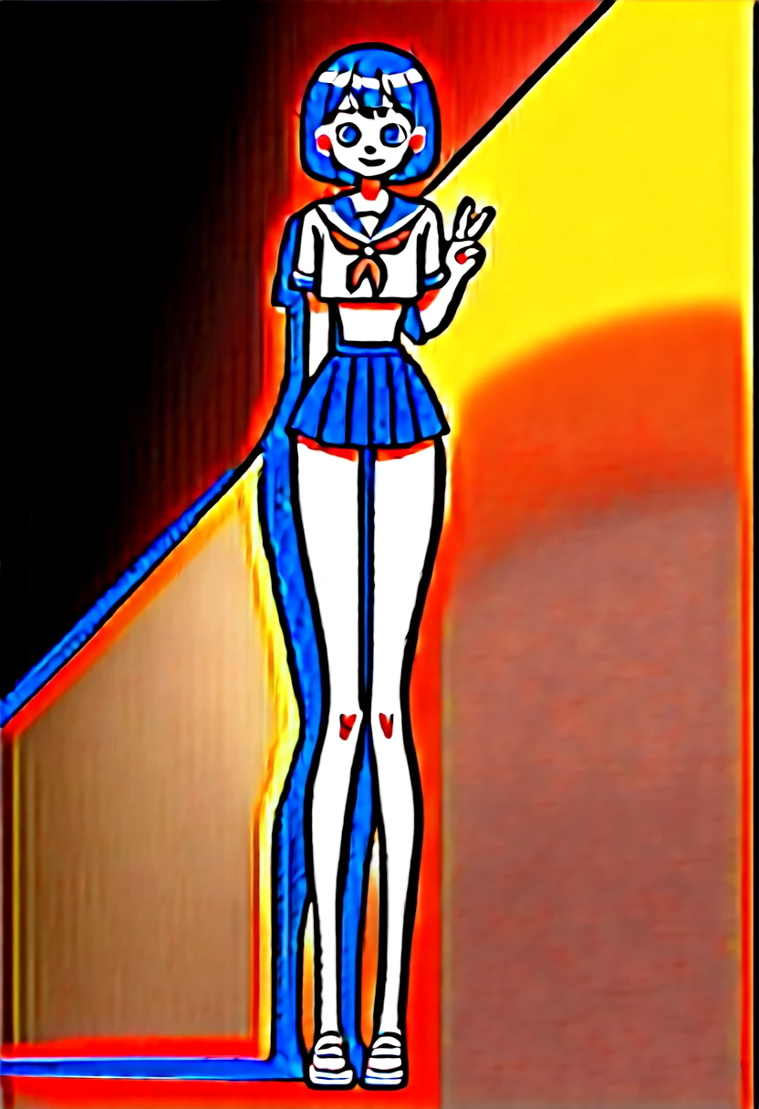 (masterpiece, best quality:1.4), front shot, 1girl, kawaii, (micro waist, very long legs:1.4), Black hair, short bob hair, short height, scrawny and thin body, Light Skin, cute big eyes, cute beautiful thin face, forced smile, serafuku, pigeon-toed, wet and sweaty, visible ribs, V sign, Trembling
