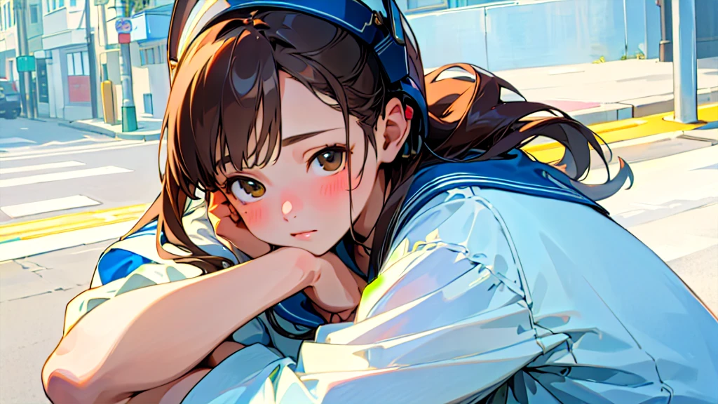 (Highest quality, masterpiece, Ultra-realistic), Beautiful and delicate15Year-old girl portrait, With a calm and gentle expression, The background is a quiet street in the evening.。While listening to music with headphones、Looking at me。Sailor suit