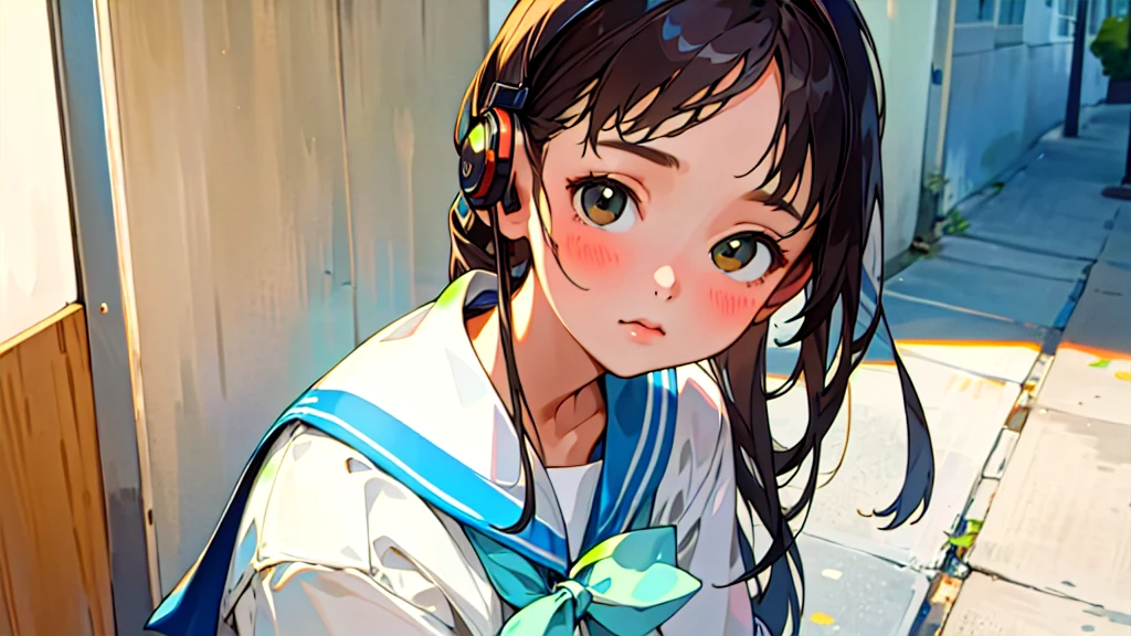 (Highest quality, masterpiece, Ultra-realistic), Beautiful and delicate15Year-old girl portrait, With a calm and gentle expression, The background is a quiet street in the evening.。While listening to music with headphones、Looking at me。Sailor suit