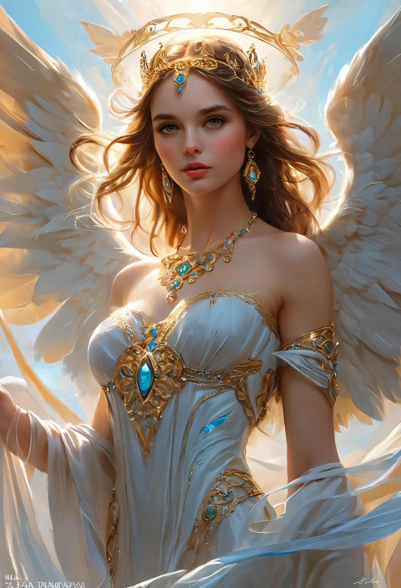 Close-up portrait of the most beautiful angel in the universe, D & D, face, Fantasy, complicated, elegant, Very detailed, Digital Painting, Art Station, Concept Art, Smooth, Sharp focus, figure, ArtJam、Greg Rutkowski、Art by Alphonse Mucha