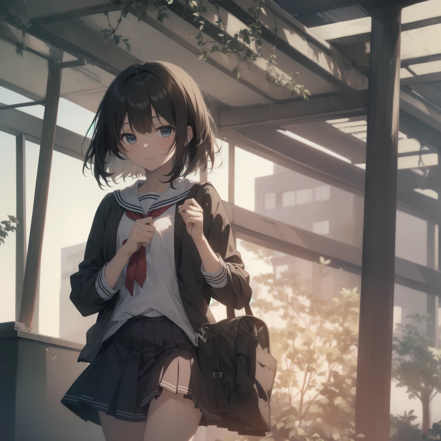 ultra-absurdres-Top quality by artist God, ultra-detailed, high resolution, anime moe artstyle, best anime 8k konachan wallpaper, pixiv contest winner, pool:2810, perfect anatomy,break, 1girl, (Please draw a girl walking sleepily to school alone. )break,(Solo,little female, 13-year-old:1.3),Full limbs, complete fingers,a junior high school student, (very short hair), short cut, flat chest, , small butt, small black eyes, beautiful detailed eyes, well-proportioned iris and pupils, expressive eyes, highres detailed hair, soft expression, salor school_uniform, sailor collar, serahuku, bow, pleated skirt,(Detailed Lighting), (Detailed background), in the School commute route. break,super detailed skin, Best cinematic lighting powered by famous artist, 8k,beauty illustration,photoshop_(medium),very aesthetic,break,((artist:sincos )), artist:clamp ,artist:carnelian ,artist:kantoku ,