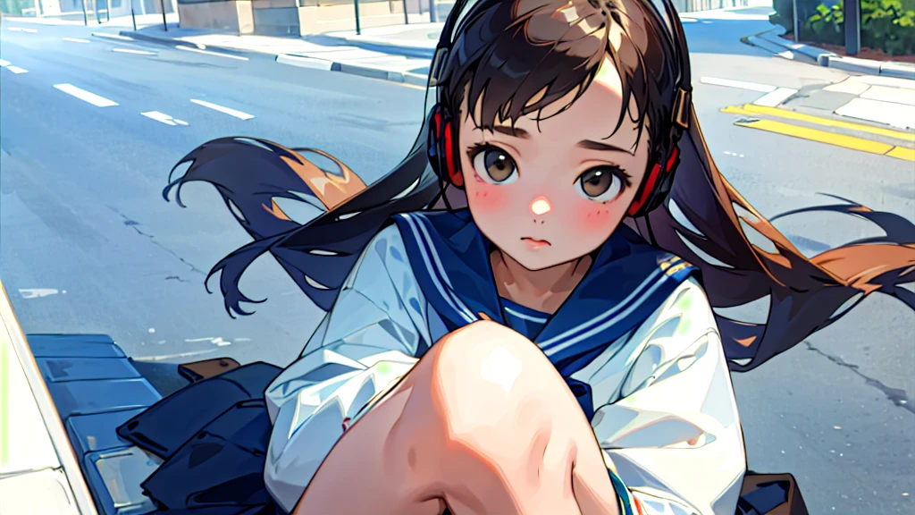 (Highest quality, masterpiece, Ultra-realistic), Beautiful and delicate１５Year-old girl portrait, With a calm and gentle expression, The background is a quiet street in the evening.。While listening to music with headphones、Looking at me。Sailor suit