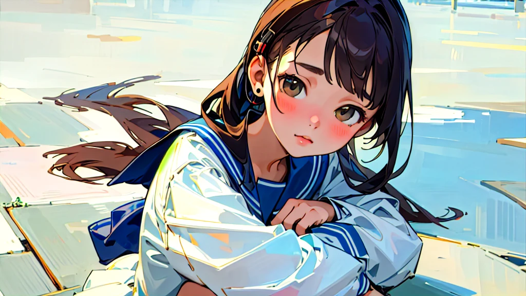 (Highest quality, masterpiece, Ultra-realistic), Beautiful and delicate１５Year-old girl portrait, With a calm and gentle expression, The background is a quiet street in the evening.。While listening to music with headphones、Looking at me。Sailor suit