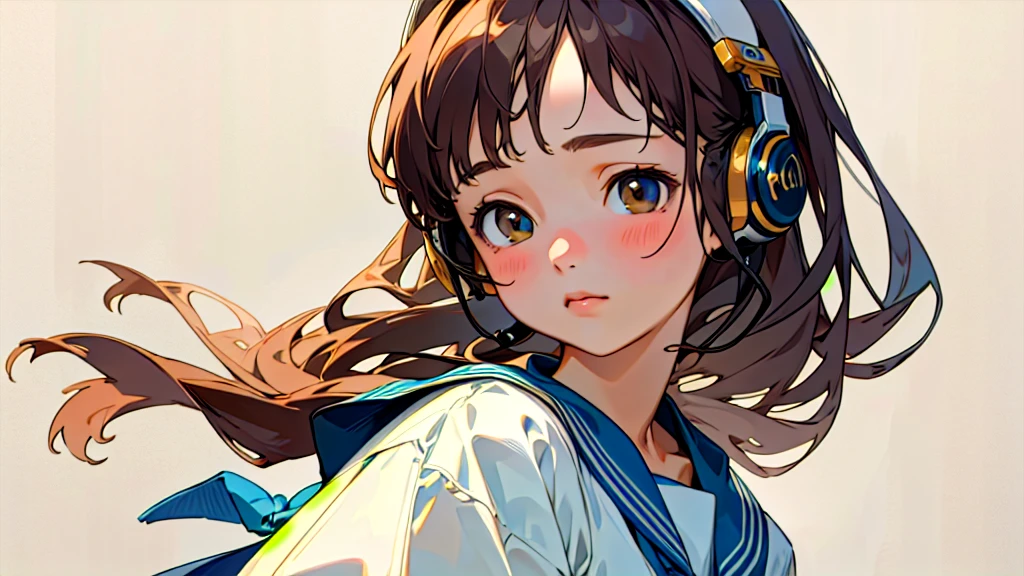 (Highest quality, masterpiece, Ultra-realistic), Beautiful and delicate15Year-old girl portrait, With a calm and gentle expression, The background is a quiet street in the evening.。While listening to music with headphones、Looking at me。Sailor suit
