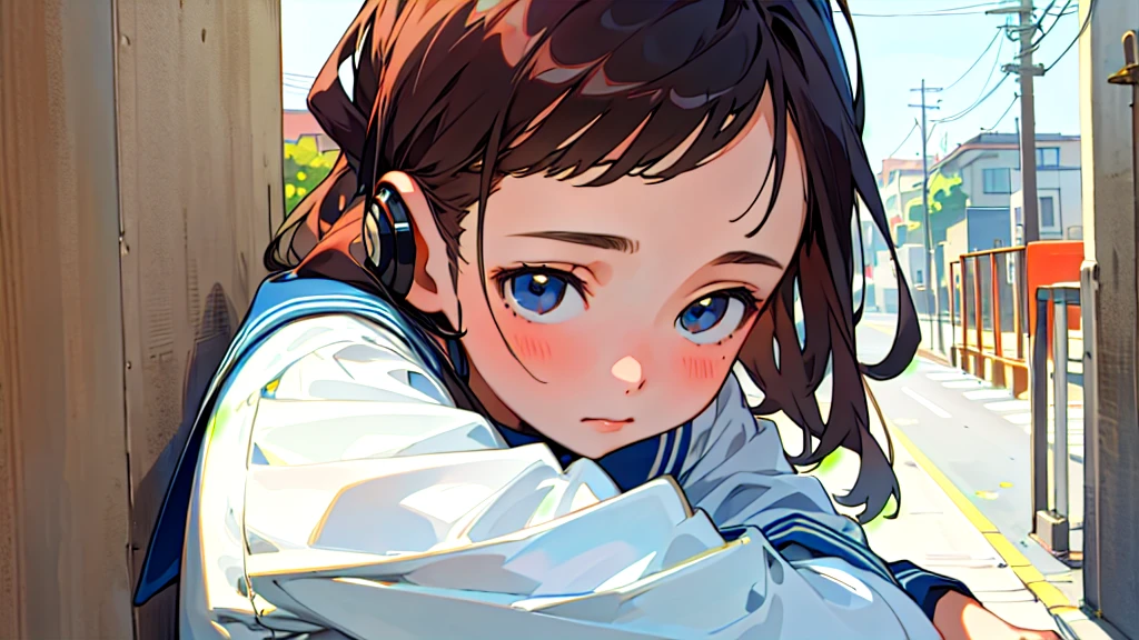 (Highest quality, masterpiece, Ultra-realistic), Beautiful and delicate15Year-old girl portrait, With a calm and gentle expression, The background is a quiet street in the evening.。While listening to music with headphones、Looking at me。Sailor suit