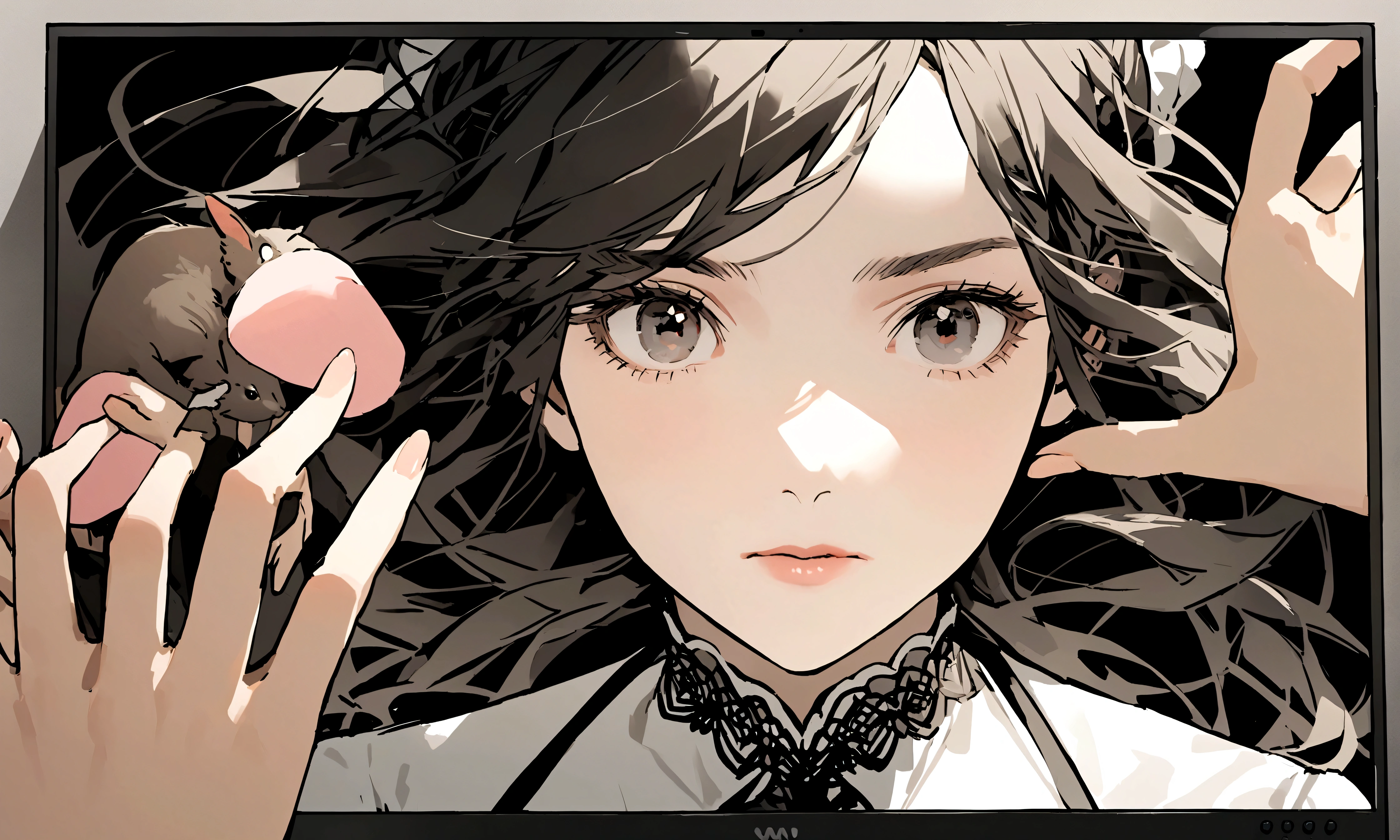 A close-up of the protagonist’s hand hesitating over the mouse, a photo of girl on the screen.