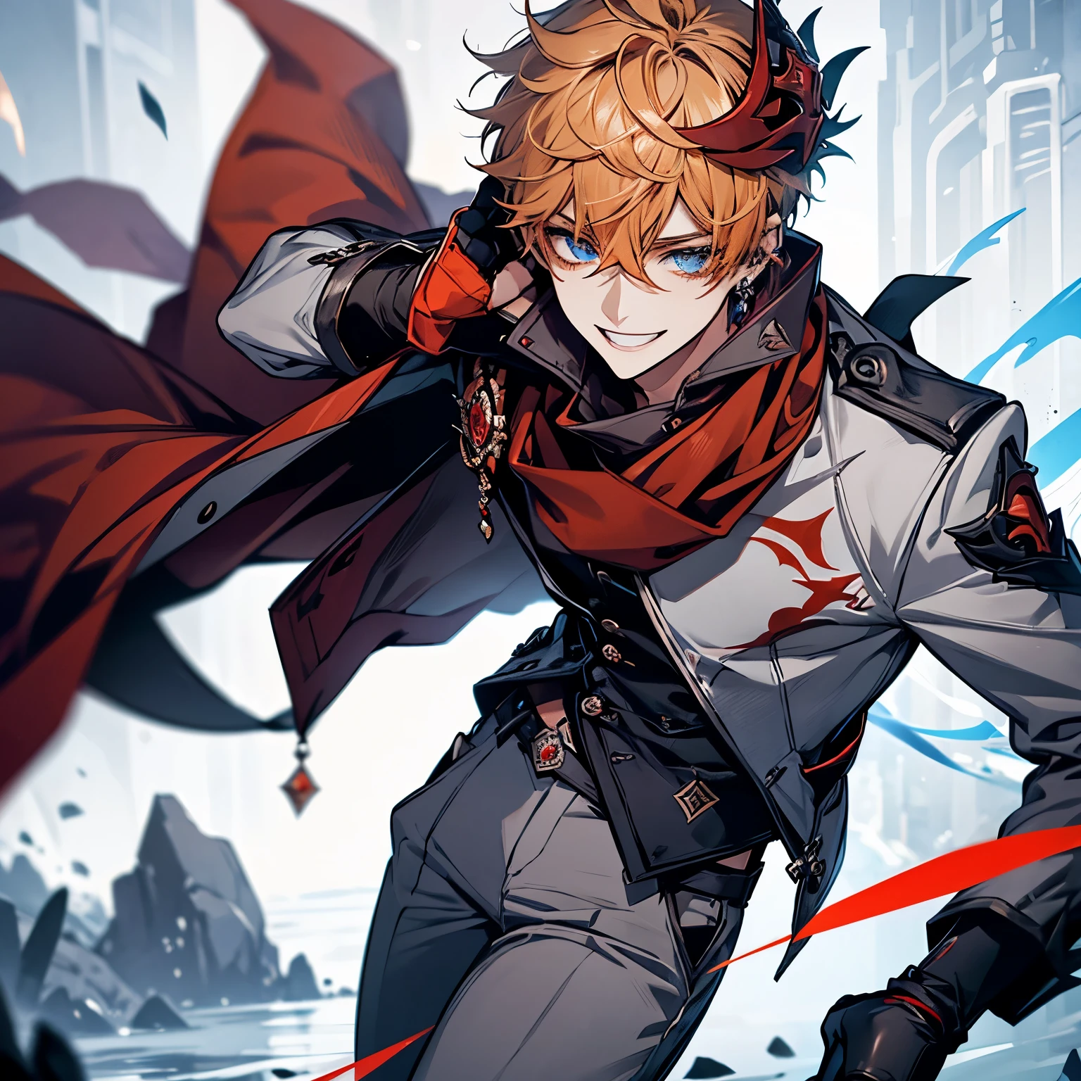 childe, solo, short hair, blue eyes, shirt, gloves, 1boy, hair between eyes, jewelry, jacket, male focus, earrings, black gloves, pants, orange hair, mask, single earring, red scarf, grey jacket, vision (genshin impact), mask on head, half gloves, grey pants, red mask, dynamic pose, grin